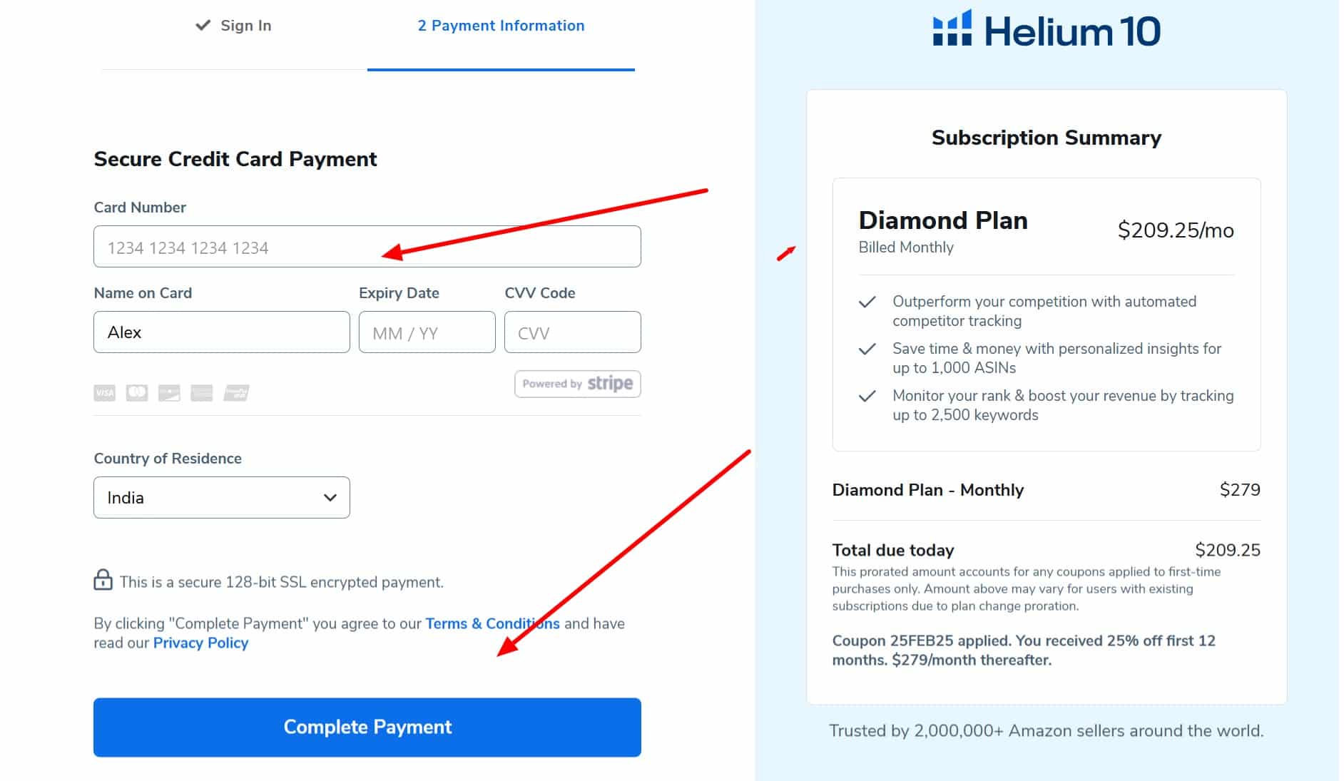 Helium 10 check enter your payment details