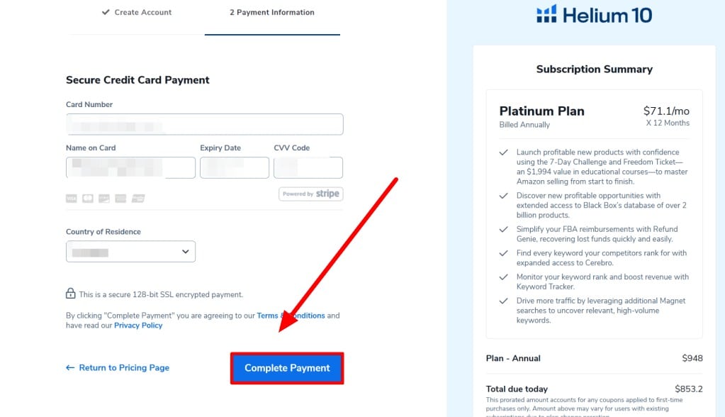 Helium 10 payment page